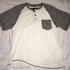 white T-shirt with grey sleeves